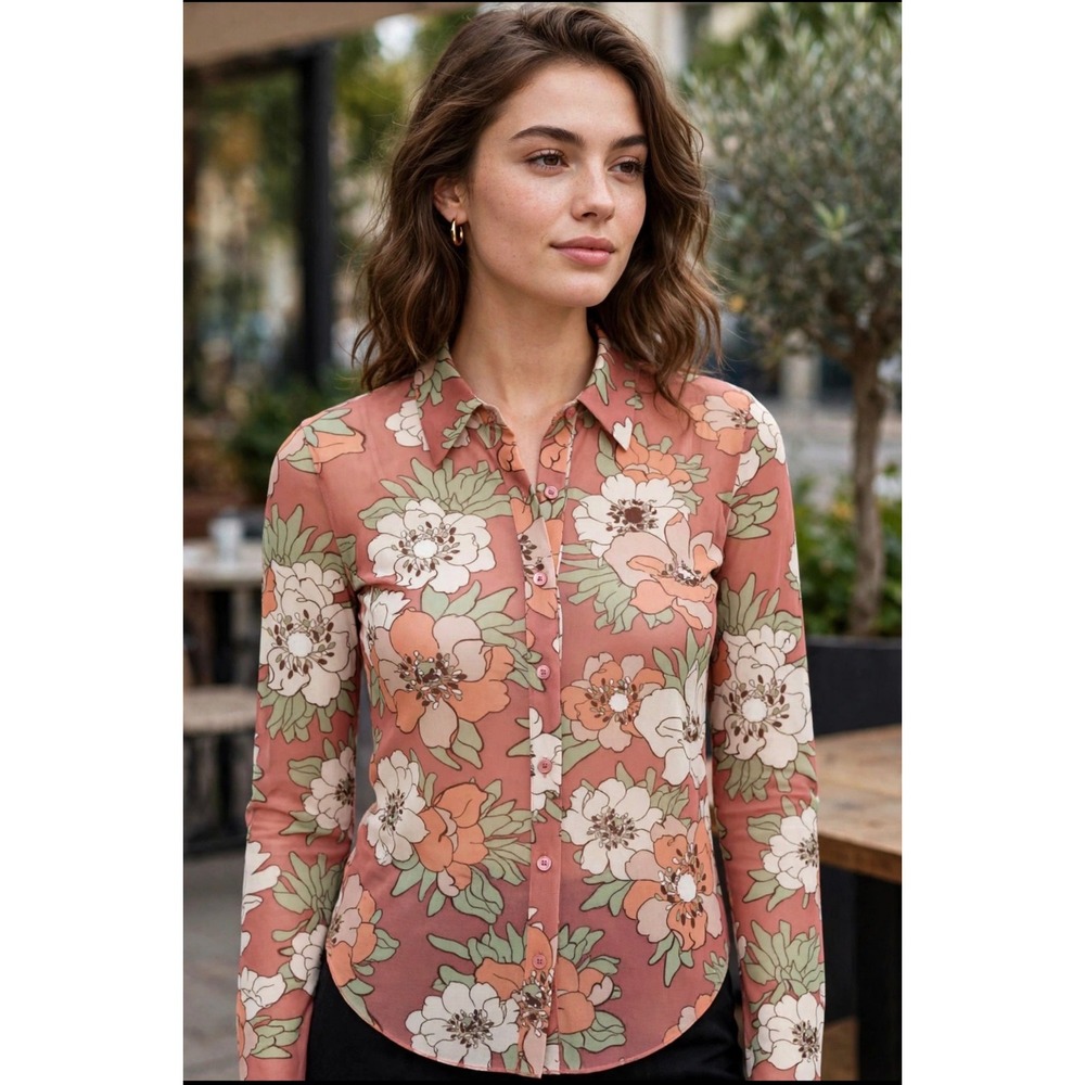 Wilfred Aritzia Floral Mesh Button Down Shirt Terracotta Sage Green 96232 M